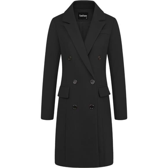 Women's Notched Lapel Collar Double Breasted Coat Black